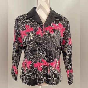 Chicos Women’s Sz 2 Embroidery Floral Silk Cotton Jacket Black Pink Blazer